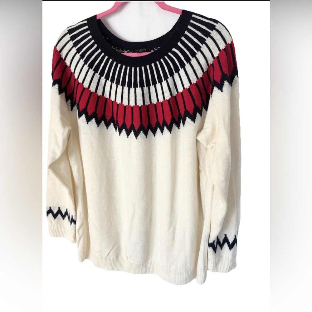 Talbots Cream Sweater with Red and Black Pattern